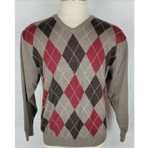 Pendleton Brown Red Argyle Merino Wool Men's V Neck Sweater XXL